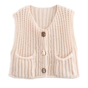 VATEAMI Women's Chunky Crochet minimalist Cropped cream Sweater Trendy woman’s L